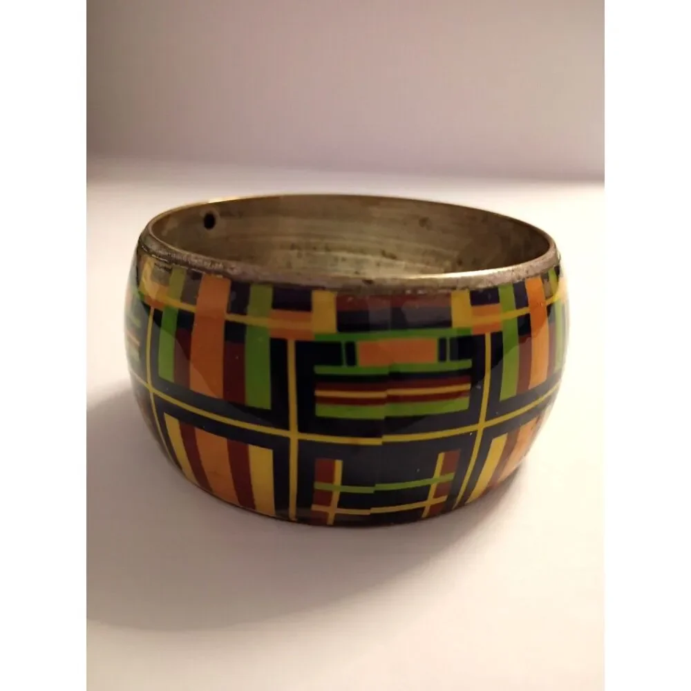 Vintage Abstract Tartan Plaid Bangle Metallic Bracelet Yellow, Green and Black